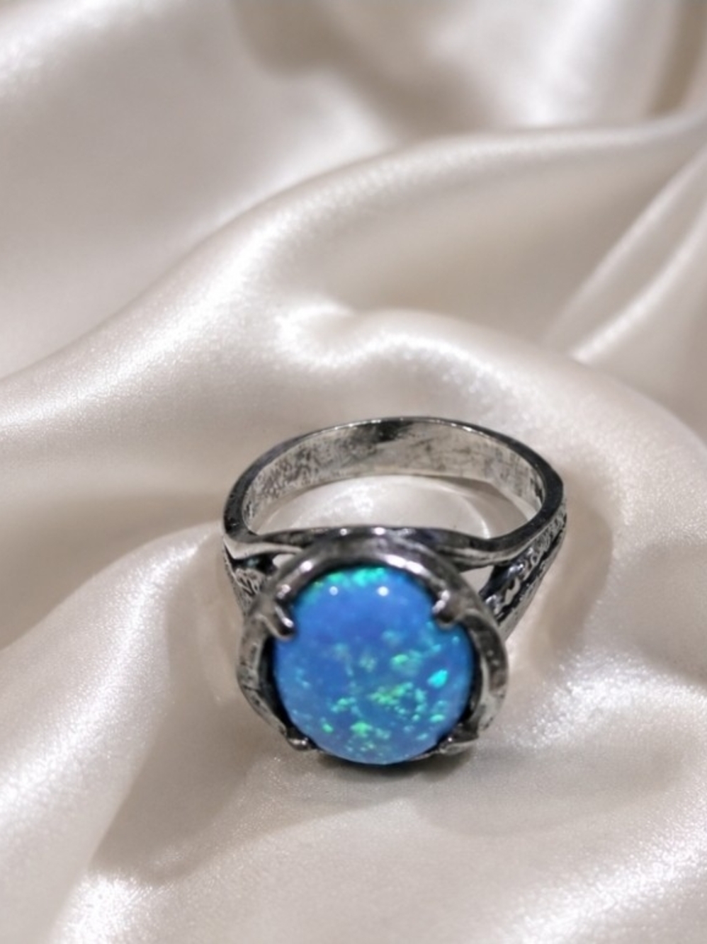 Shablool Israel 925 Sterling Silver Blue Opal Ring Size 8 Artisan Statement Ring
